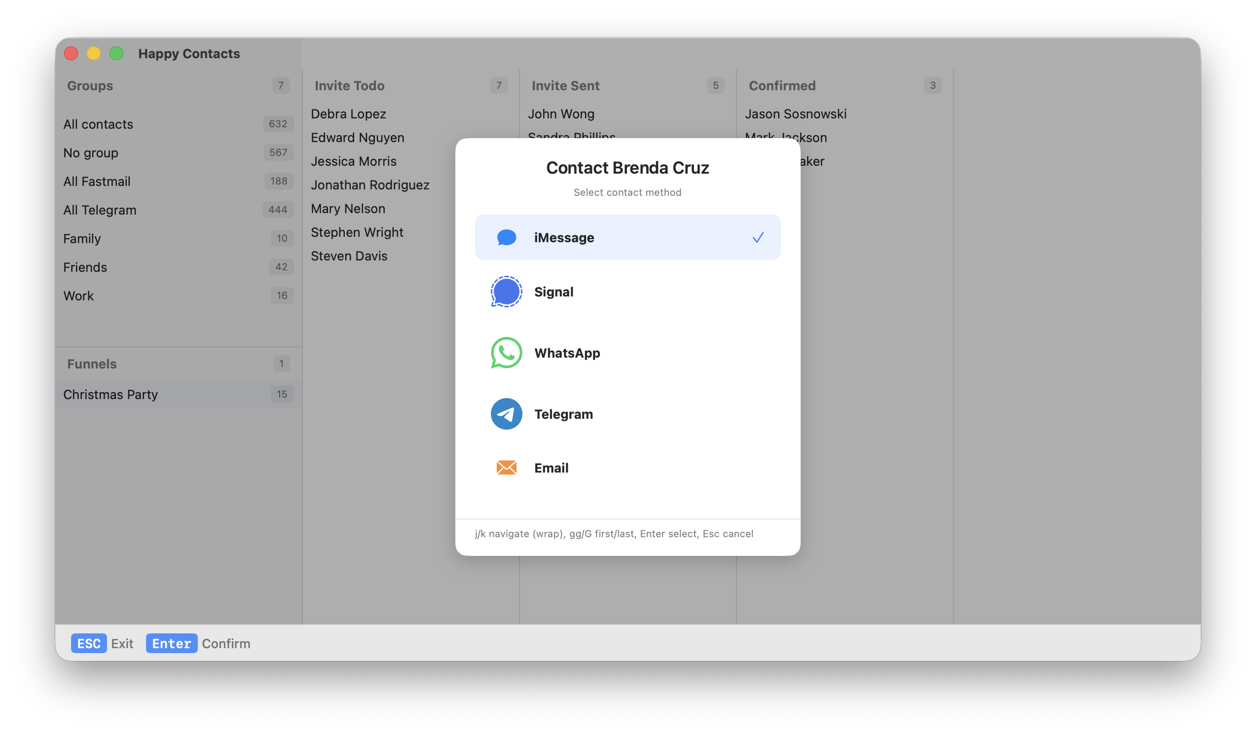 HappyContacts contact method picker in a light macOS window.